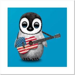 Baby Penguin Playing American Flag Guitar Posters and Art